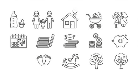 Collection of family and life icons in sketch style.