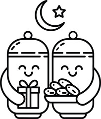 Two lantern characters holding gift and dates under crescent moon Ramadan celebration