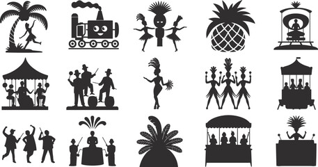 Fototapeta premium Carnival celebration silhouette illustration set, tropical parade dancers, palm tree, pineapple, train, pavilion, cultural festival, artistic design