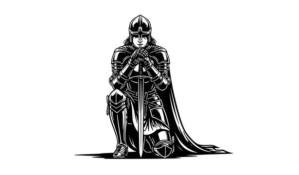 Medieval female warrior kneeling with sword silhouette vector knight woman illustration