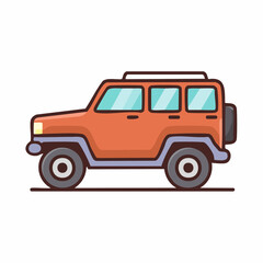 Cartoon illustration of a bright orange SUV vehicle with big tires, for transportation and adventure