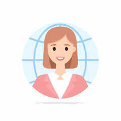 Obraz premium Smiling woman in pink blazer with a world globe background, flat vector illustration.