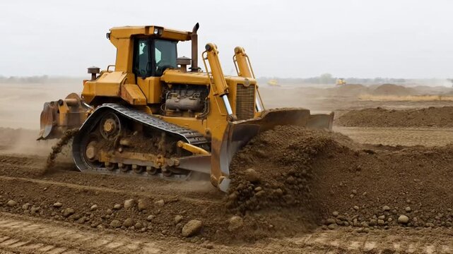 Heavy-duty yellow bulldozer with a wide metal blade pushes dirt and soil across a construction site on a dusty, overcast day