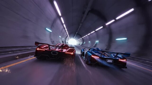 Two futuristic race cars fiercely speed through a brightly lit tunnel, sparks flying