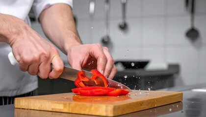 A chef skillfully slices a red bell pepper on a wooden cutting board in a modern kitchen