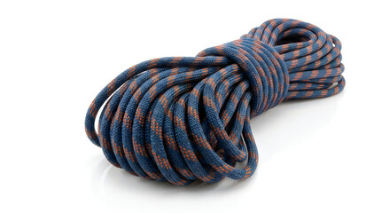Coiled colorful braided rope with blue and brown stripes on white surface