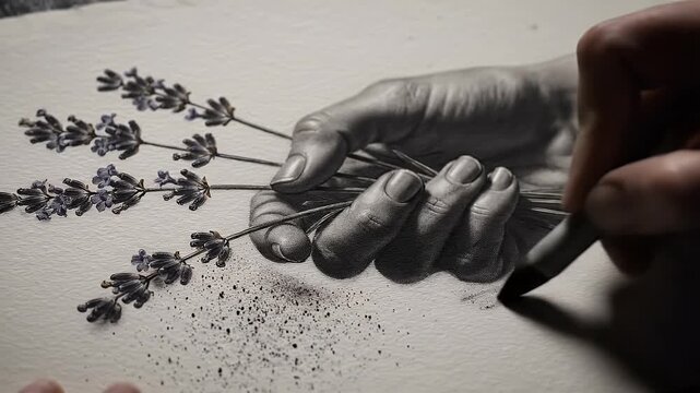 Artistic illusion grayscale drawn hand holds real lavender, artist adds detail