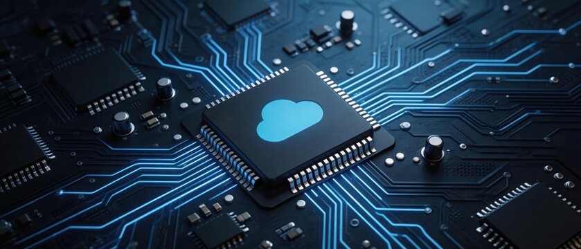 Cloud computing processor chip on motherboard with glowing circuits, idea for AI infrastructure, data processing, cloud storage technology, and modern IT hardware innovation concept