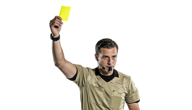 Soccer referee showing yellow card warning gesture isolated on transparent background