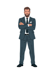 Obraz premium Full-body flat illustration of bearded businessman in dark teal suit with arms crossed, professional corporate style isolated on transparent background.