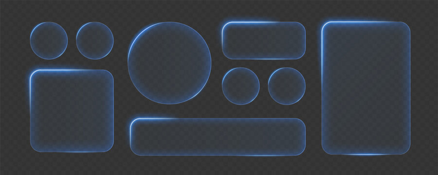 Liquid glass smartphone icon interface isolated for dark theme. Blue UI buttons light frame circle banner with glow stroke. Control center widget for smartphone and web app, vector illustration.	
