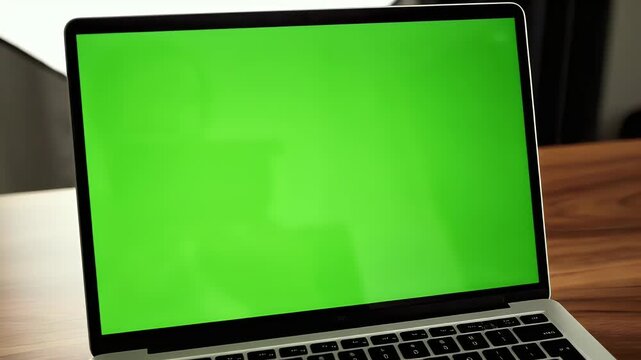 Angled shot of a silver laptop displaying a vibrant green screen, set on a warm wooden desk