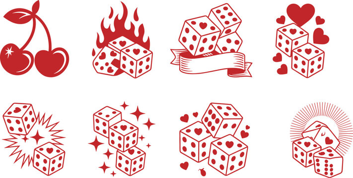 Gambling symbols, dice illustration, tattoo art, cherries, skull design, flame dice, ribbon banner, hearts, sparkles, red graphic, casino theme