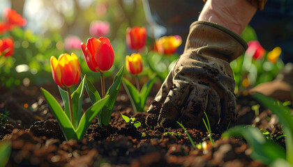 A gloved hand planting tulips in a vibrant garden bed with rich soil and lush greenery
