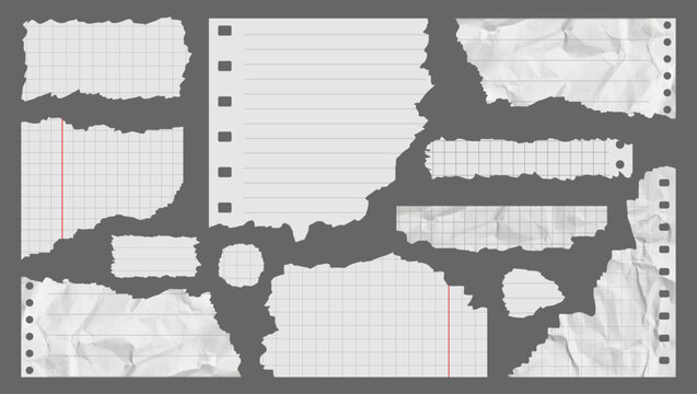 Scrapbooking Elements. Crumpled and Torn Pieces Lined Squared Notebook Paper. White Pieces Paper with Torn Edges. Ripped Crumpled white Paper Pieces. Realistic Crumpled Paper Scraps with Torn Edges.