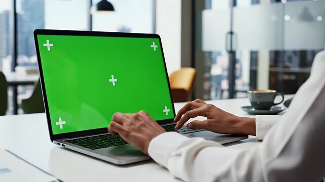Person working on laptop with greenscreen display and tracker marks in a modern office