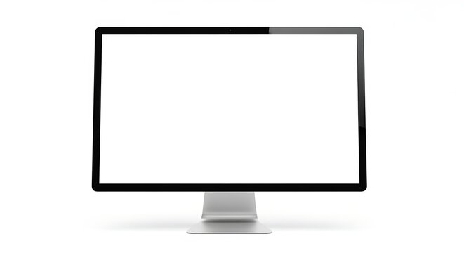 Modern computer monitor with a blank screen on a sleek silver stand on white background