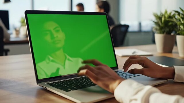 Hands typing on a laptop with a green screen, on a wooden desk with plants, busy office