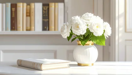 Fototapete Pfingstrosen Weiße Pfingstrosen in eleganter Vase auf Tisch im hellen Zuhause   © Sina Ettmer