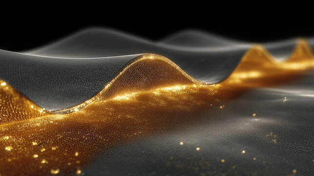 Thin metal sheets lifted by celestial golden photonic winds in space.
