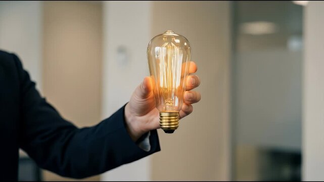 Close-up of a professional holding a lit light bulb toward the camera, subtle hand movement with slow cinematic push-in, soft neutral background and shallow depth of field emphasizing the glowing fila