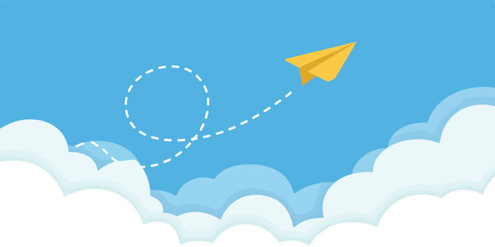 A minimalist digital illustration of a yellow paper airplane flying through a bright blue sky with white fluffy clouds.