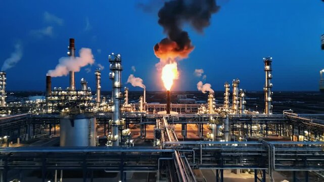 Cinematic sweeping shot of an industrial oil refinery at dusk, with towering structures, plant product use chimneys, and a bright flare stack burning.