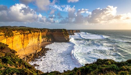 Dramatic ocean cliffs and crashing waves at sunset, Great Ocean Road, Australia