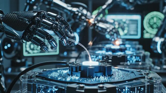 Robotic Arms Precision Welding Electronic Circuit Board in Automated Manufacturing Facility.