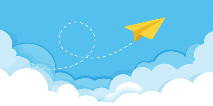 A minimalist digital illustration of a yellow paper airplane flying through a bright blue sky with white fluffy clouds.