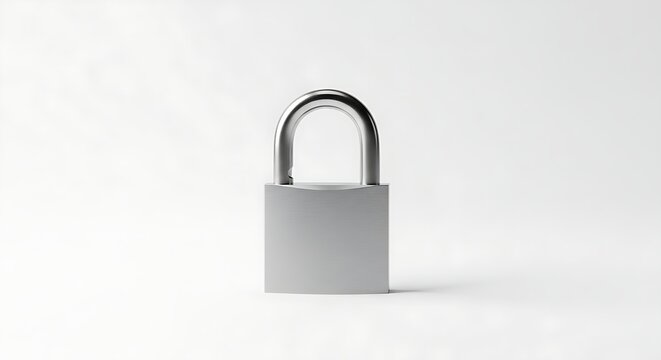 Unlocked silver padlock with open shackle on a plain white surface on white background