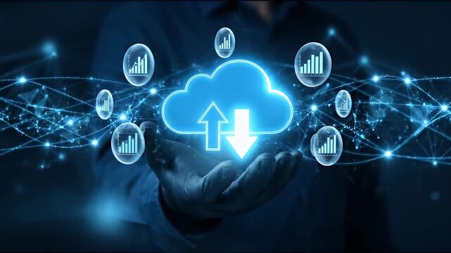 Close-up of a hand presenting a glowing cloud icon with upload and download arrows, surrounded by floating bubble icons containing charts and graphs, static framing with a dark blue background and net