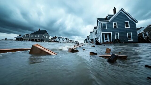 Flooding affects homes in coastal town with rising water levels and damaged roads during stormy weather