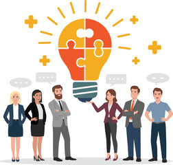 Teamwork, brainstorming, innovation, collaboration, professional discussion, puzzle light bulb, creative ideas, corporate strategy, problem solving, communication, business success, leadership