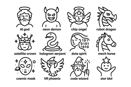 Futuristic icon set featuring ai, mythical creatures, and cyber themes in a linear style