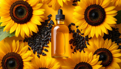 Sunflower-based lecithin oil in clear bottle surrounded by sunflower petals and seeds on a yellow background