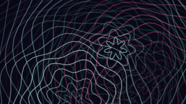 Abstract Geometric Swirls and Flowers Animation with Dark Background and Neon Glow Effect