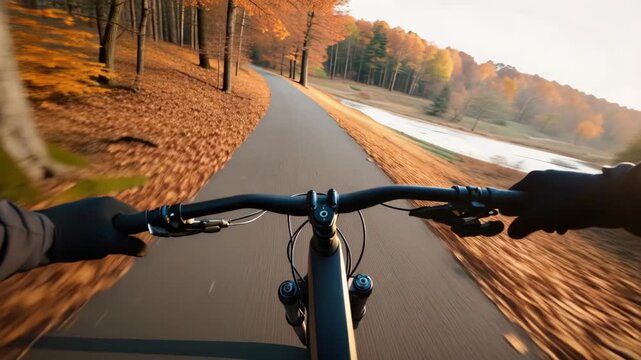 A cyclist's first-person perspective on a pathway through autumn trees. The bicycle's handlebars are the focal point, with the road ahead leading into a beautiful landscape.