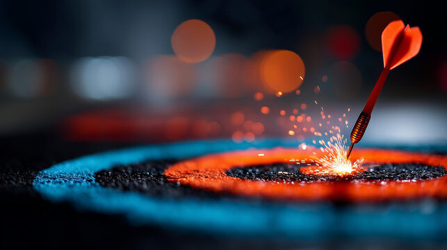 Cinematic macro shot of a red dart striking the center of a glowing bullseye. Textured circular target with neon blue rings and orange sparks at the impact point. Dark atmosphere f