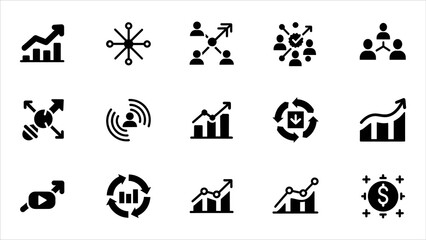 Fototapeta premium Various business and financial icons illustrating growth, analysis, and strategy in a grid layout, showcasing different concepts related to business and finance from a straightforward viewpoint.