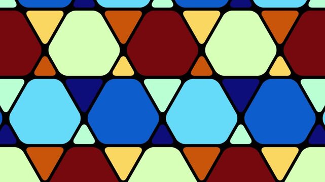 Abstract colorful geometric pattern animation with scrolling hexagons and triangles seamless loop