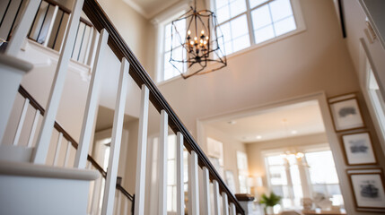 Fototapeta premium Eye-level shot from top of staircase, foreground blurred white staircase railing with dark wood handrail on the left, creating depth.an elegant chandelier hangs from the ceiling of