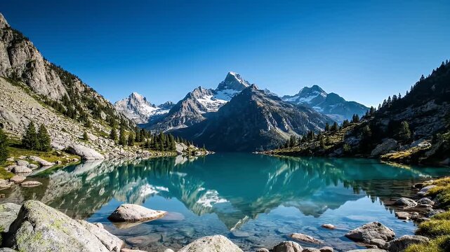 A mountain lake mirrors peaks under a vibrant blue sky, framed by rocky slopes