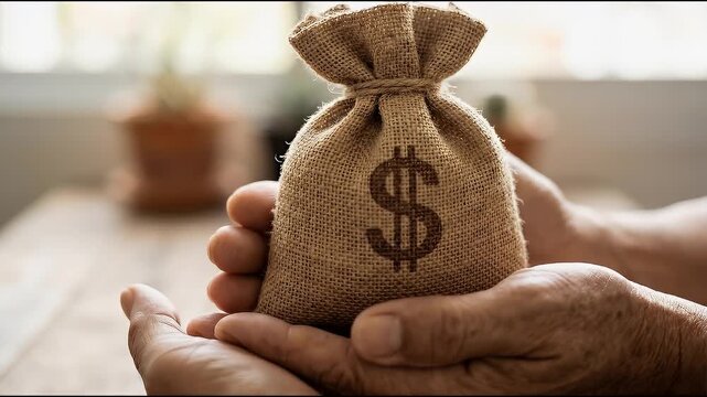 Close-up of a person holding a small burlap money bag with a dollar symbol in both hands, subtle hand stabilization with slow cinematic push-in, soft natural lighting and shallow depth of field for re