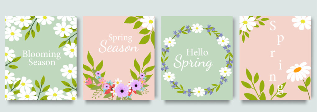 Pastel spring greeting card set with floral wreath blossom and fresh garden flowers design art print