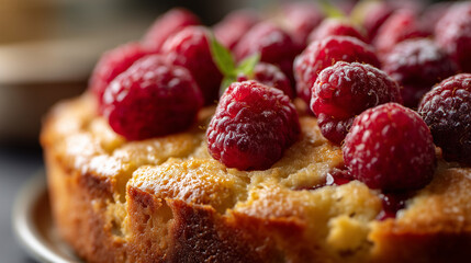 A close-up, hyper-realistic image of a freshly baked lemon-raspberry ricotta cake. The cakes golden, slightly textured surface is studded generously with whole, plump fresh raspbe