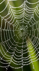 Close-up macro spider web with water droplets in green nature background