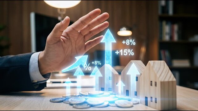 Medium close-up of a professional hand gesturing above stacked coins and small house models while upward arrow graphics illuminate around percentage symbols, subtle hand movement emphasizing growth, w