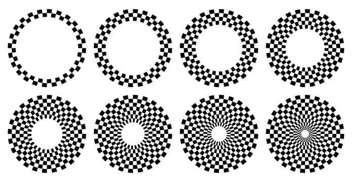 Circle checker frames. Round checkered borders, racing flag circle for start and finish. Geometric  warped grid rings, radial mosaic vector set