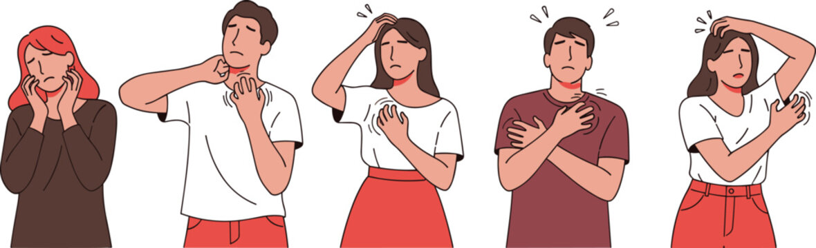 People Feeling Unwell Set with Fever Sore Throat Headache and Flu Symptoms Vector Illustration Collection